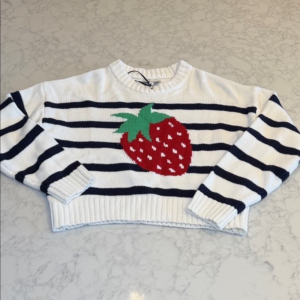 Freshman 1996 Womens Strawberry Striped Cropped Sweater White Navy Blue Size M